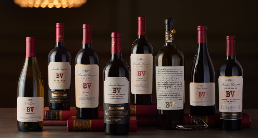 Lineup of BV Wines: Merlot, Cabernet Sauvignon, Chardonnay, Pinot Noir, Tapestry, Rarity